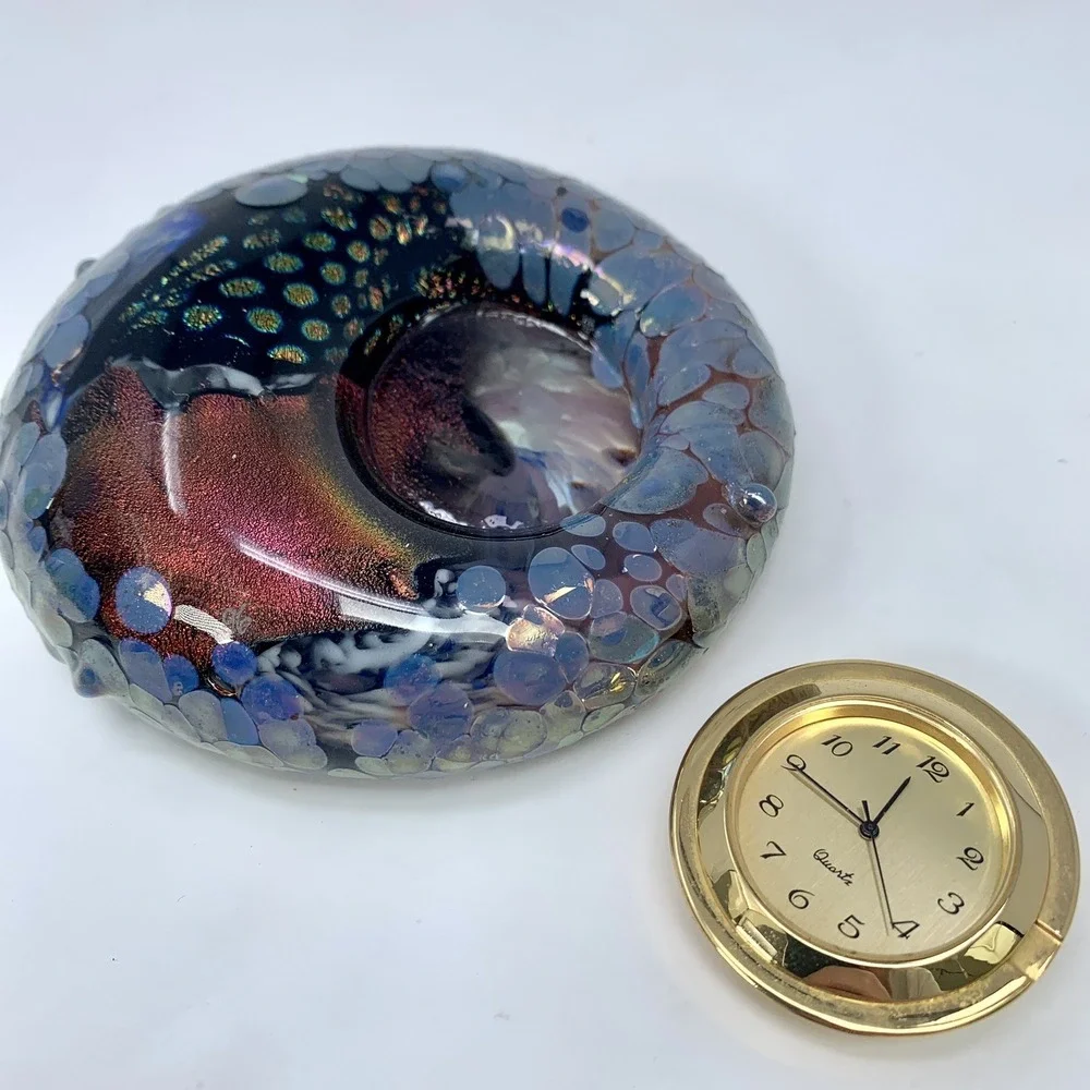 Vtg Art Glass Paperweight Clock Hal Wahlborg Studio Abstract Blue 4.5